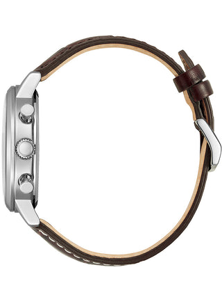 Angle shot of Citizen Chronograph CA7061-26X Brown Leather Unisex Watch on white background