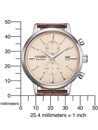 Angle shot of Citizen Chronograph CA7061-26X Brown Leather Unisex Watch on white background