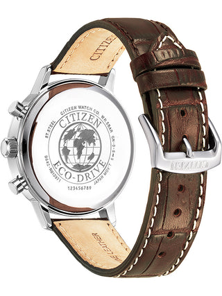 Angle shot of Citizen Chronograph CA7061-26X Brown Leather Unisex Watch on white background