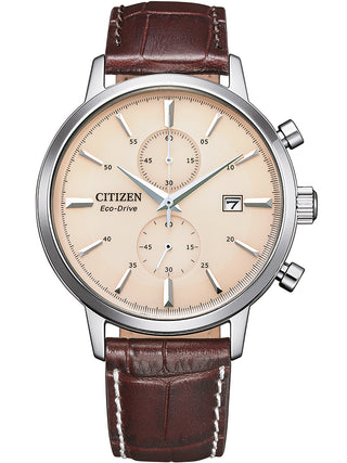Front view of Citizen Chronograph CA7061-26X Brown Leather Unisex Watch on white background