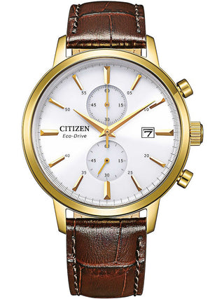 Front view of Citizen Chronograph CA7062-15A White Dial Brown Leather Unisex Watch on white background
