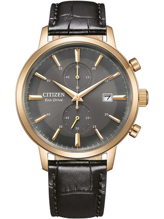 Front view of Citizen Chronograph CA7067-11H Brown Leather Unisex Watch on white background