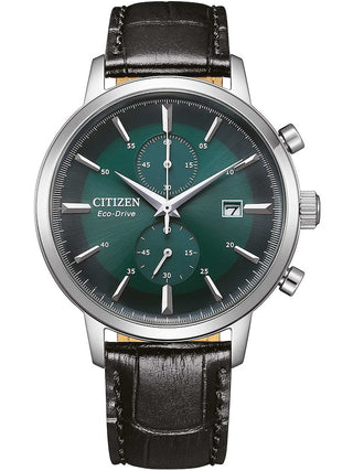 Front view of Citizen Of Collection Chronograph CA7069-24X Green Dial Black Leather Unisex Watch on white background