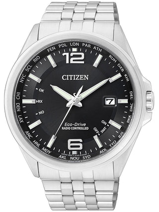 Front view of Citizen CB0010-88E Black Dial Silver Stainless Steel Unisex Watch on white background
