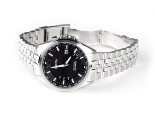Angle shot of Citizen CB0010-88E Black Dial Silver Stainless Steel Unisex Watch on white background