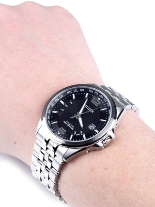 Angle shot of Citizen CB0010-88E Black Dial Silver Stainless Steel Unisex Watch on white background