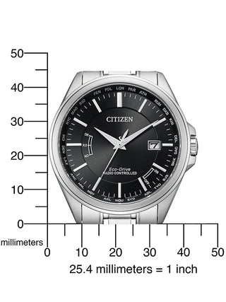 Angle shot of Citizen CB0250-84E Black Dial Silver Stainless Steel Unisex Watch on white background