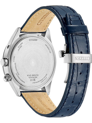 Angle shot of Citizen CB0270-10A White Dial Blue Leather Unisex Watch on white background