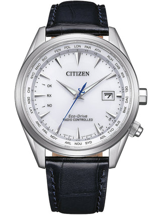 Front view of Citizen CB0270-10A White Dial Blue Leather Unisex Watch on white background