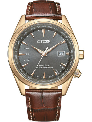 Front view of Citizen CB0273-11H Grey Dial Brown Leather Unisex Watch on white background