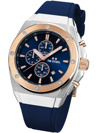 Angle shot of TW Steel Chronograph CE4105 Blue Unisex Watch on white background