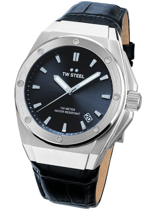 Angle shot of TW Steel CE4108 Grey Dial Black Leather Unisex Watch on white background