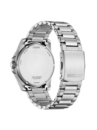 Angle shot of Citizen AW1816-89E Black Dial Silver Stainless Steel Unisex Watch on white background