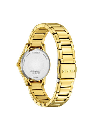 Angle shot of Citizen FE1242-78D Gold Stainless Steel Womens Watch on white background