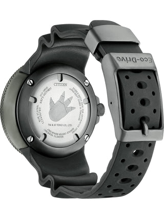 Angle shot of Citizen BJ8056-01E Grey Dial Black Silicone Unisex Watch on white background