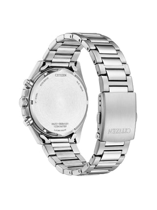 Angle shot of Citizen Chronograph CA4590-81X Green Dial Silver Stainless Steel Unisex Watch on white background
