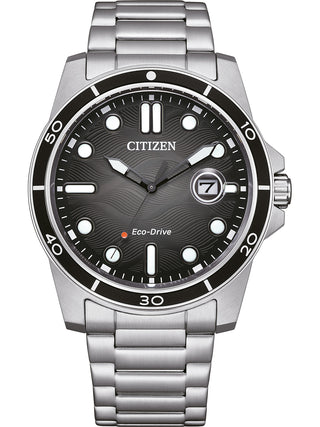 Front view of Citizen AW1816-89E Black Dial Silver Stainless Steel Unisex Watch on white background