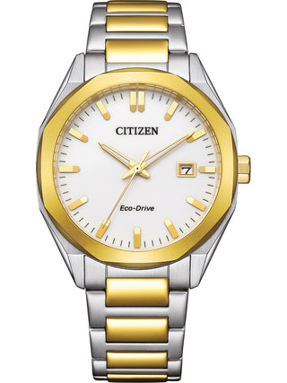 Front view of Citizen BM7624-82A White Dial Gold Stainless Steel Unisex Watch on white background