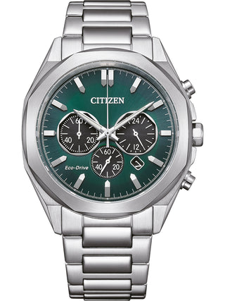 Front view of Citizen Chronograph CA4590-81X Green Dial Silver Stainless Steel Unisex Watch on white background