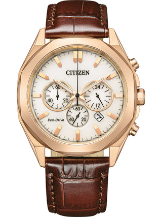 Front view of Citizen Chronograph CA4593-15A White Dial Brown Leather Unisex Watch on white background