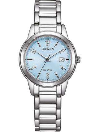 Front view of Citizen FE1241-71L Blue Dial Silver Stainless Steel Womens Watch on white background