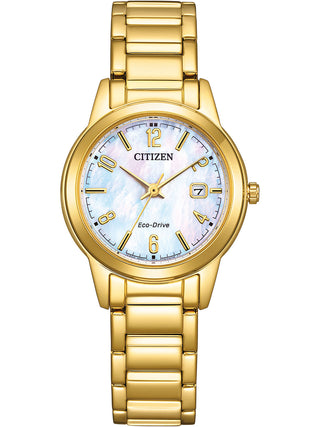 Front view of Citizen FE1242-78D Gold Stainless Steel Womens Watch on white background