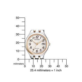 Angle shot of Citizen EW2486-87A White Dial Rose Gold Stainless Steel Womens Watch on white background