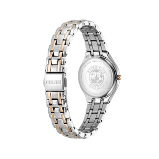 Angle shot of Citizen EW2486-87A White Dial Rose Gold Stainless Steel Womens Watch on white background