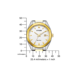 Angle shot of Citizen BM7624-82A White Dial Gold Stainless Steel Unisex Watch on white background