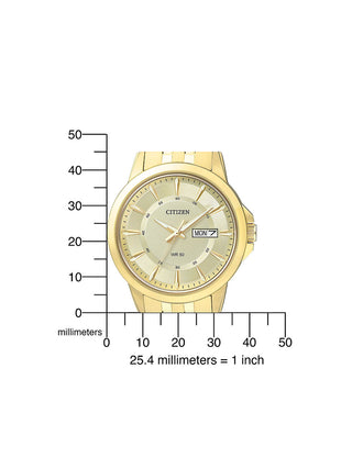 Angle shot of Citizen Basic BF2013-56PE Gold Stainless Steel Mens Watch on white background