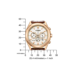 Angle shot of Citizen Chronograph CA4593-15A White Dial Brown Leather Unisex Watch on white background