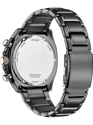 Angle shot of Citizen Chronograph CA4567-82H Grey Stainless Steel Unisex Watch on white background