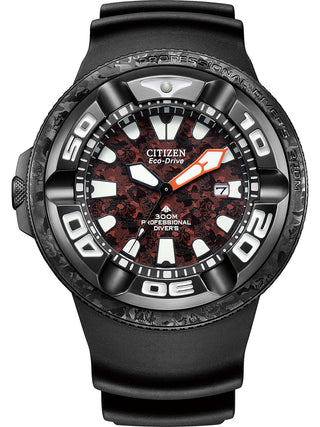 Front view of Citizen BJ8059-03Z Red Dial Black Silicone Unisex Watch on white background