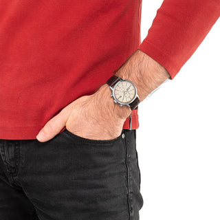 Angle shot of Citizen Chronograph CA7061-26X Brown Leather Unisex Watch on white background