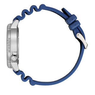 Angle shot of Citizen BN0168-06L Blue Silicone Unisex Watch on white background