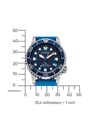 Angle shot of Citizen EO2028-06L Blue Silicone Womens Watch on white background