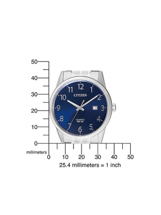 Angle shot of Citizen BI5000-52L Blue Dial Silver Stainless Steel Unisex Watch on white background