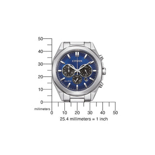 Angle shot of Citizen Chronograph CA4590-81L Blue Dial Silver Stainless Steel Unisex Watch on white background