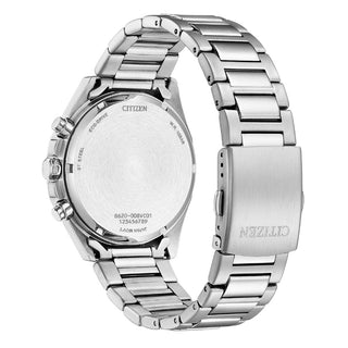Angle shot of Citizen Chronograph CA4590-81L Blue Dial Silver Stainless Steel Unisex Watch on white background