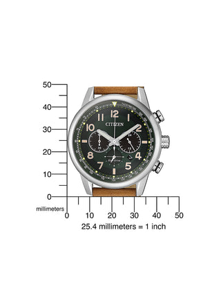 Angle shot of Citizen Chronograph CA4420-21X Green Dial Brown Leather Unisex Watch on white background