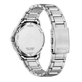 Angle shot of Citizen AW1828-80X Green Dial Silver Stainless Steel Unisex Watch on white background