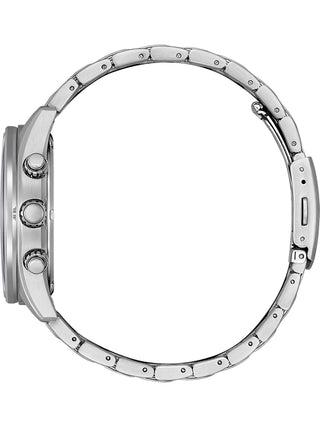 Angle shot of Citizen Urban Chrono Eco Drive CA0770-72X Green Dial Silver Stainless Steel Unisex Watch on white background