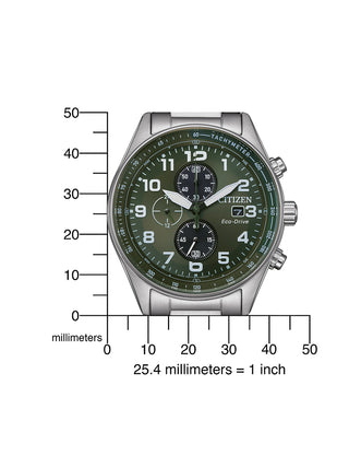 Angle shot of Citizen Urban Chrono Eco Drive CA0770-72X Green Dial Silver Stainless Steel Unisex Watch on white background