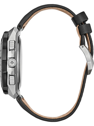 Angle shot of Citizen Chronograph JY8149-05E Black Leather Unisex Watch on white background