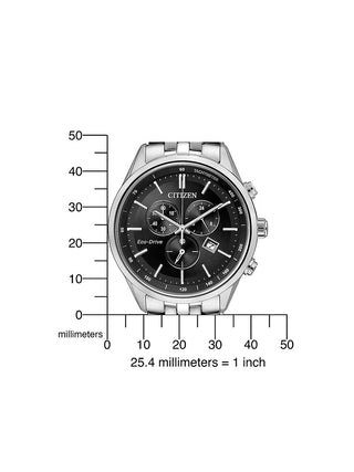 Angle shot of Citizen Chronograph AT2141-87E Black Dial Silver Stainless Steel Unisex Watch on white background