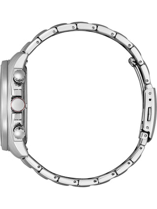 Angle shot of Citizen Sport Chrono Eco Drive CA4561-89E Black Dial Silver Stainless Steel Unisex Watch on white background