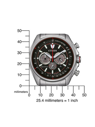 Angle shot of Citizen Sport Chrono Eco Drive CA4561-89E Black Dial Silver Stainless Steel Unisex Watch on white background