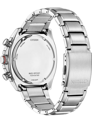 Angle shot of Citizen Sport Chrono Eco Drive CA4561-89E Black Dial Silver Stainless Steel Unisex Watch on white background