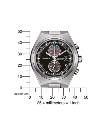 Angle shot of Citizen Super Titanio Eco Drive Chronograph CA7090-87E Black Dial Silver Titanium Unisex Watch on white background
