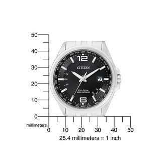 Angle shot of Citizen CB0010-88E Black Dial Silver Stainless Steel Unisex Watch on white background